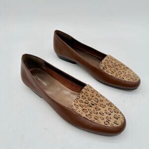 St Johns Bay Brown & Cheetah Slip On Women's Leather Flats Loafers Size 7.5